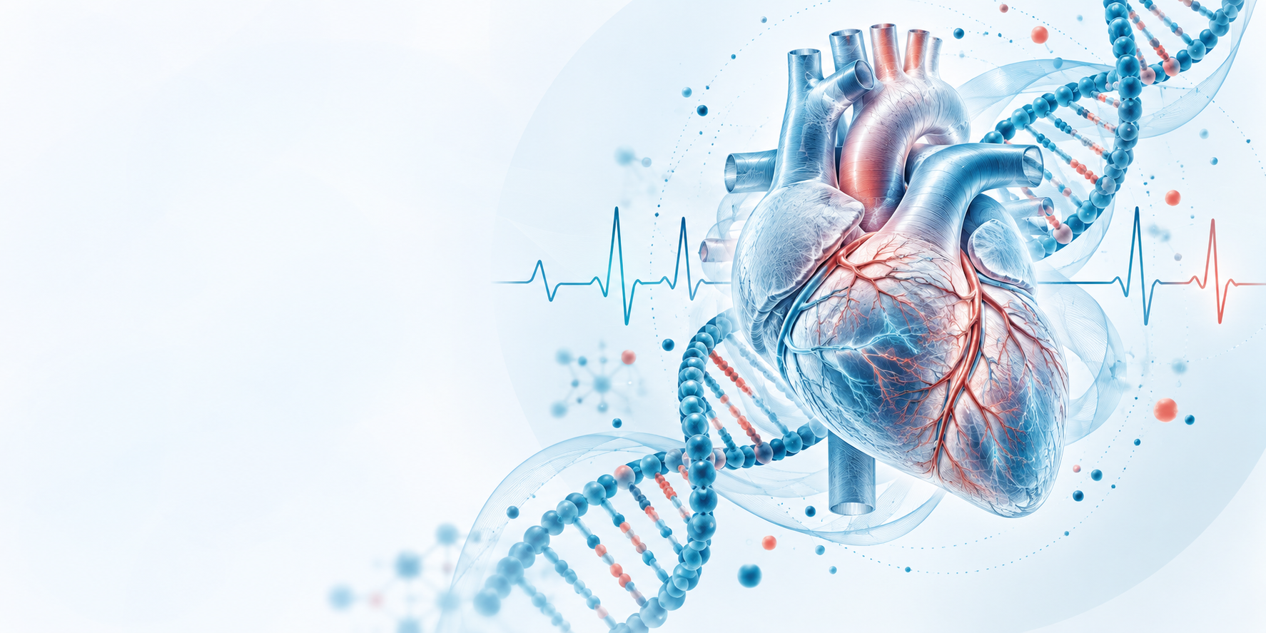 Cardiac genomics illustration showing a human heart, DNA double helix and ECG trace