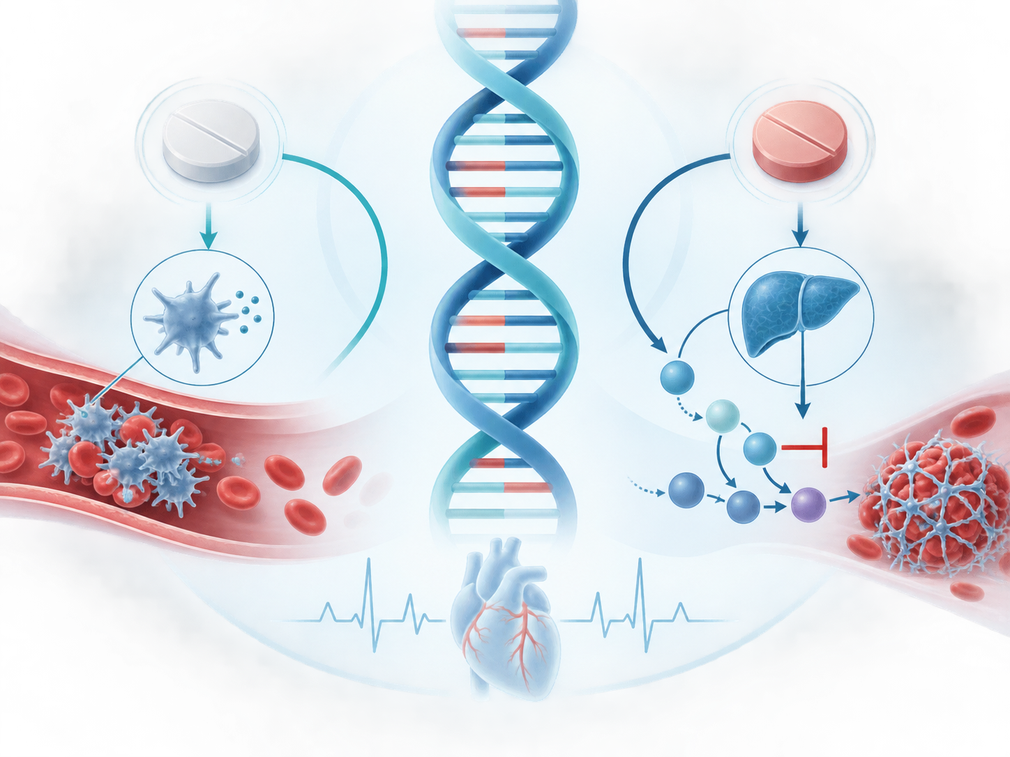 Cardiovascular pharmacogenomics illustration showing DNA, antiplatelet response and coagulation pathways